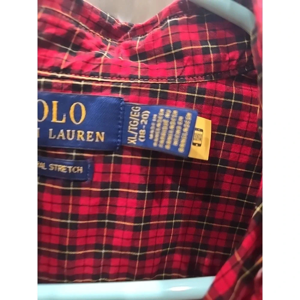 Ralph Lauren‎ Button-Down Boys Shirt Sz 18/20 Red Plaid Cotton Long Sleeve Xmas